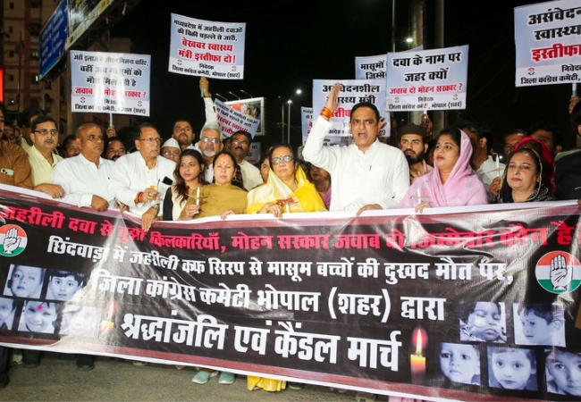 Cough syrup deaths: Congress takes out candle march in Bhopal, seeks health minister's ouster